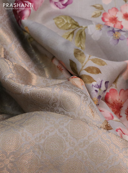 Banarasi silk saree pastel grey with allover zari woven brocade weaves and floral digital printed border