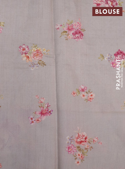 Banarasi silk saree pastel grey with allover zari woven brocade weaves and floral digital printed border