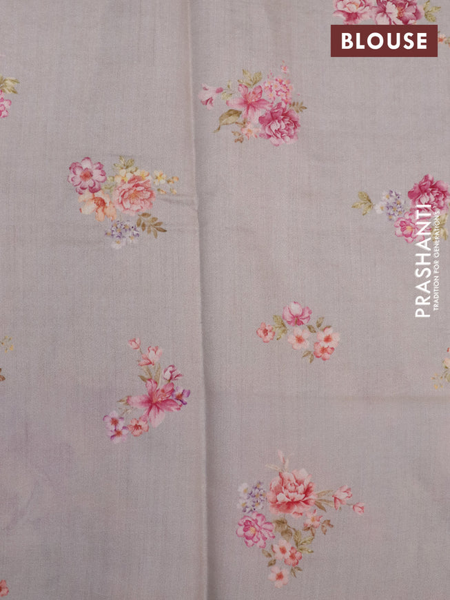 Banarasi silk saree pastel grey with allover zari woven brocade weaves and floral digital printed border