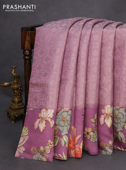 Banarasi silk saree pastel purple with allover zari woven brocade weaves and floral digital printed border
