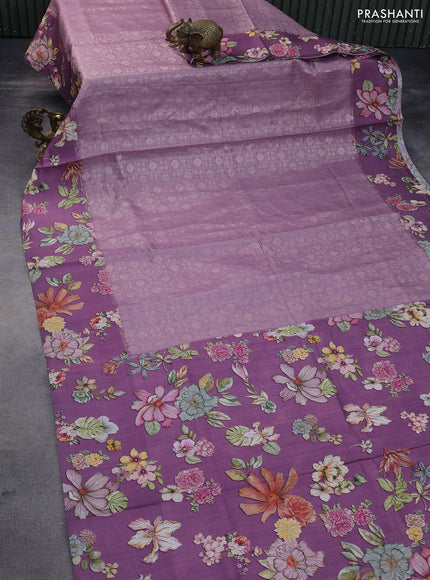 Banarasi silk saree pastel purple with allover zari woven brocade weaves and floral digital printed border