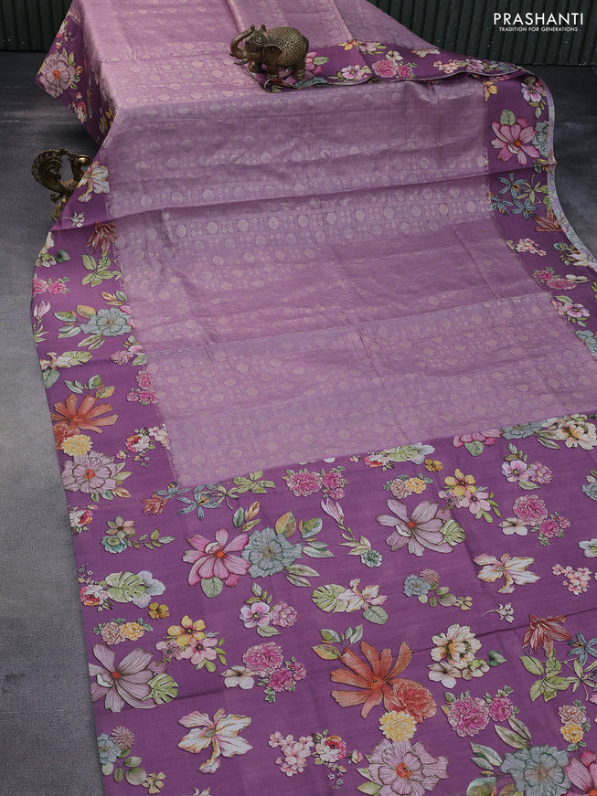 Banarasi silk saree pastel purple with allover zari woven brocade weaves and floral digital printed border