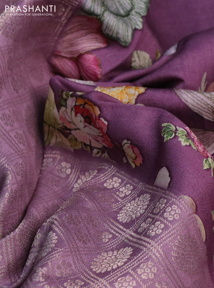Banarasi silk saree pastel purple with allover zari woven brocade weaves and floral digital printed border