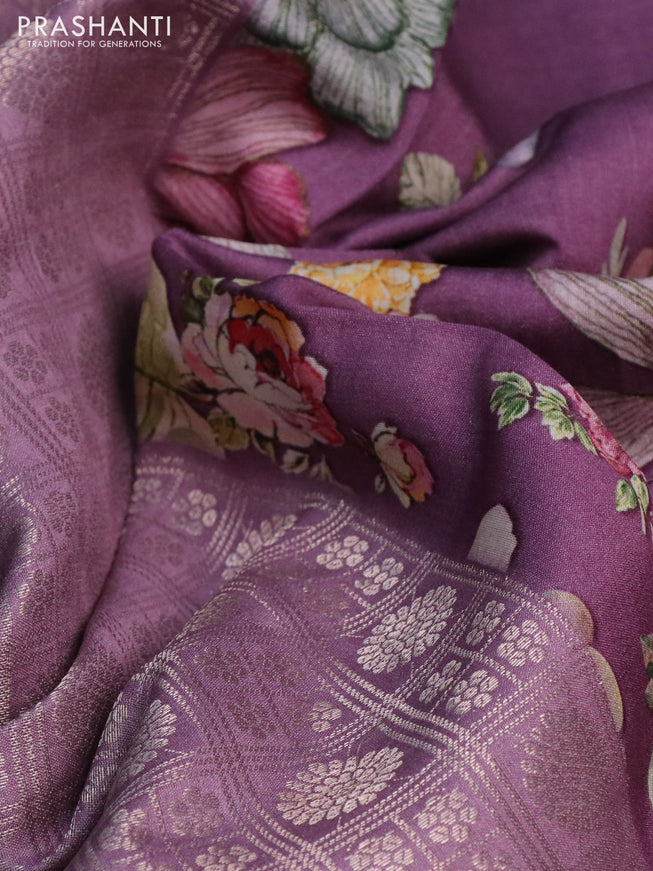 Banarasi silk saree pastel purple with allover zari woven brocade weaves and floral digital printed border