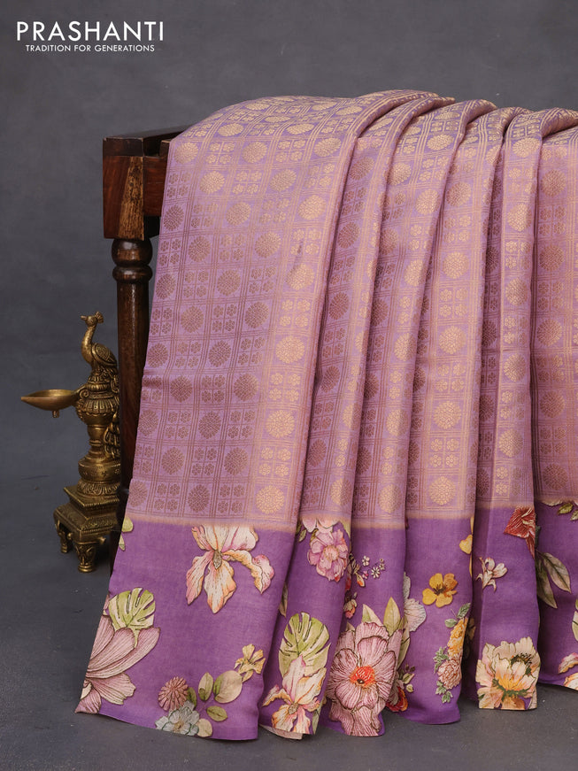 Banarasi silk saree pastel purple with allover zari woven brocade weaves and floral digital printed border