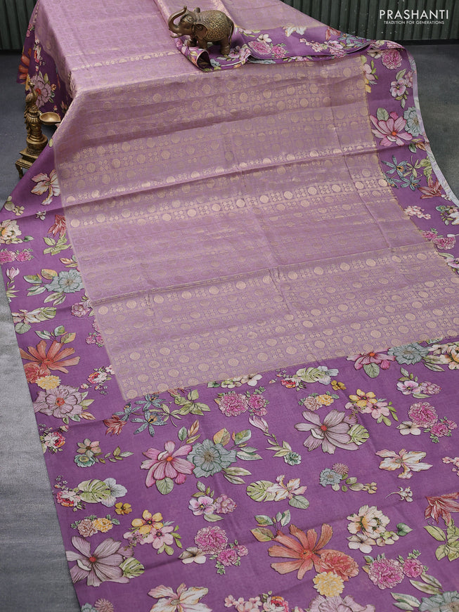 Banarasi silk saree pastel purple with allover zari woven brocade weaves and floral digital printed border