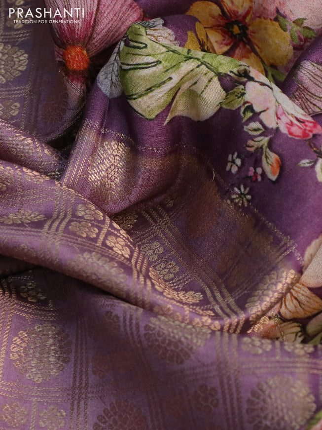 Banarasi silk saree pastel purple with allover zari woven brocade weaves and floral digital printed border