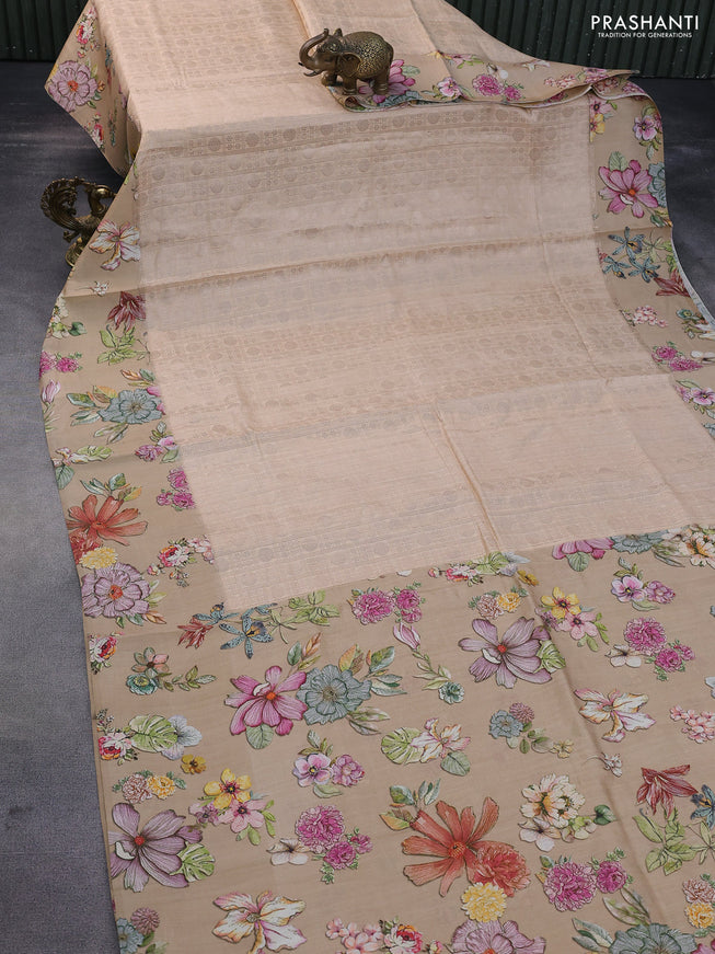 Banarasi silk saree sandal with allover zari woven brocade weaves and floral digital printed border