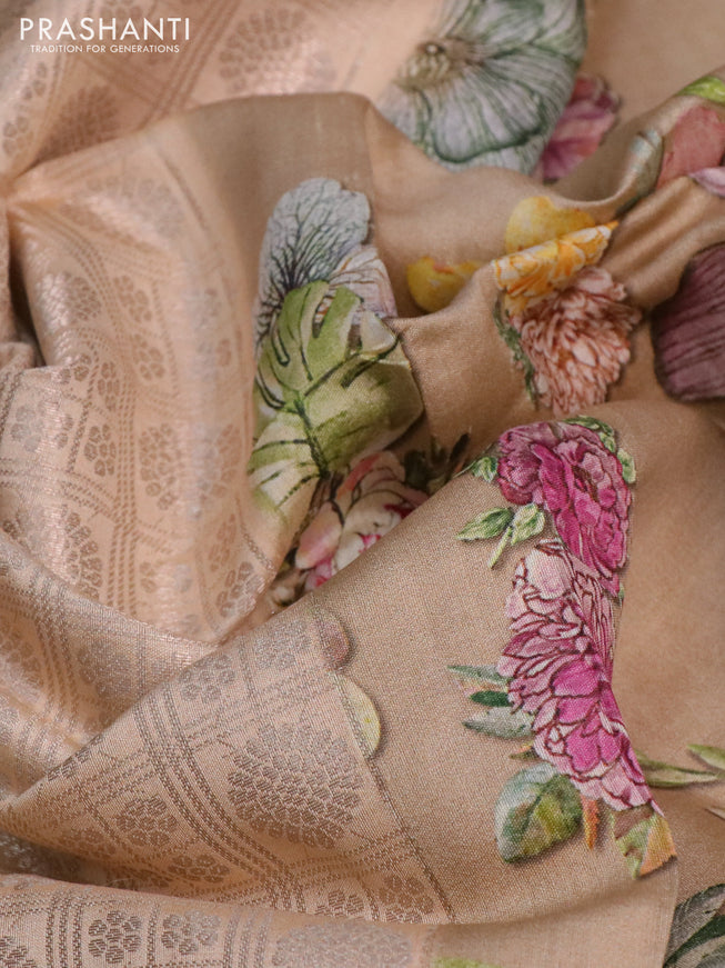 Banarasi silk saree sandal with allover zari woven brocade weaves and floral digital printed border