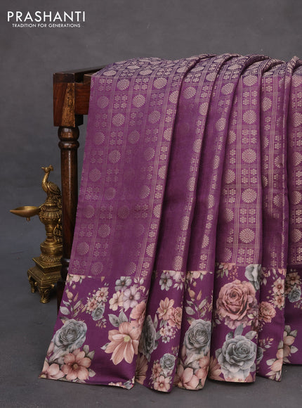 Banarasi silk saree purple with allover zari woven brocade weaves and floral digital printed border