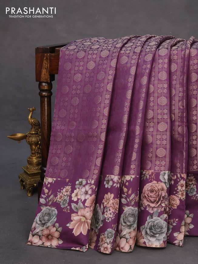 Banarasi silk saree purple with allover zari woven brocade weaves and floral digital printed border