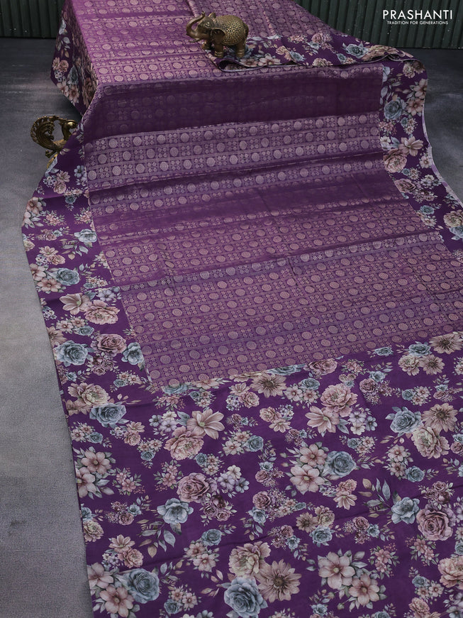 Banarasi silk saree purple with allover zari woven brocade weaves and floral digital printed border