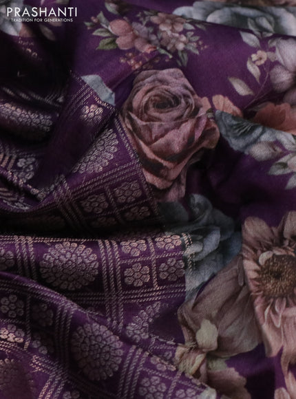 Banarasi silk saree purple with allover zari woven brocade weaves and floral digital printed border