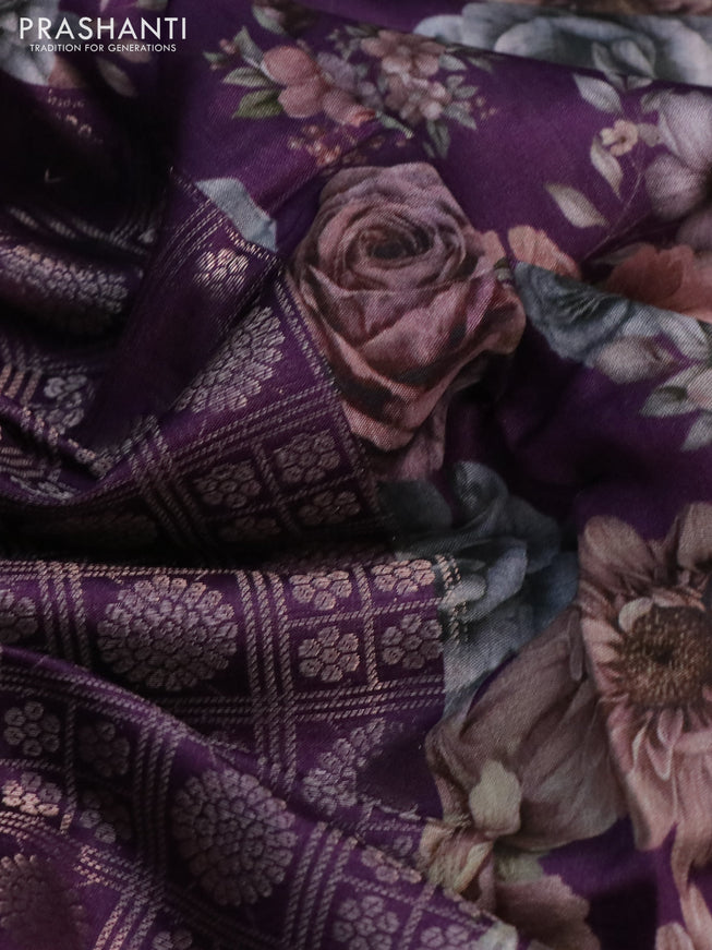 Banarasi silk saree purple with allover zari woven brocade weaves and floral digital printed border
