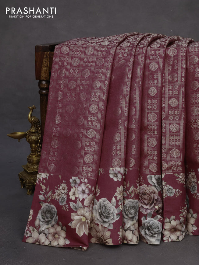 Banarasi silk saree deep maroon with allover zari woven brocade weaves and floral digital printed border