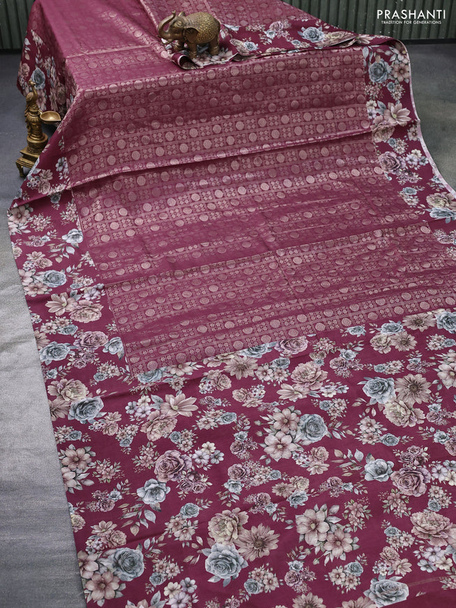 Banarasi silk saree deep maroon with allover zari woven brocade weaves and floral digital printed border