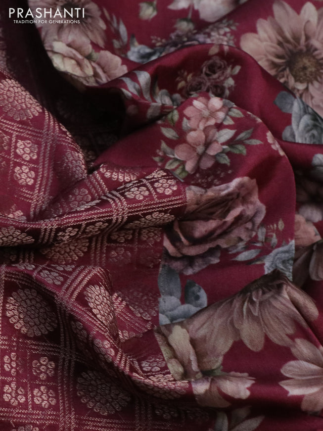 Banarasi silk saree deep maroon with allover zari woven brocade weaves and floral digital printed border