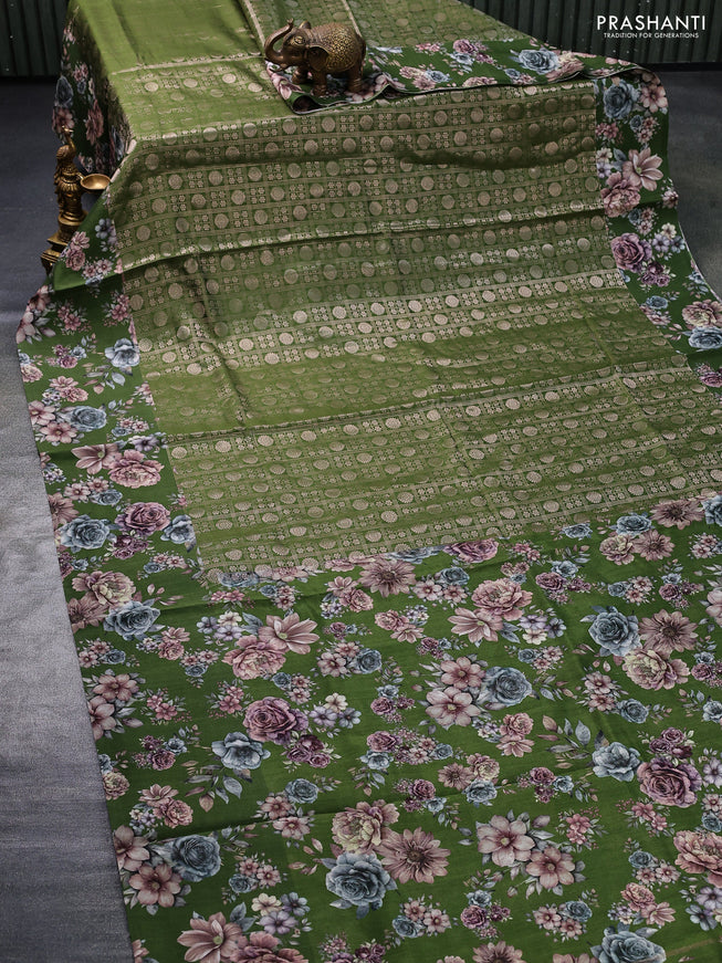 Banarasi silk saree green with allover zari woven brocade weaves and floral digital printed border