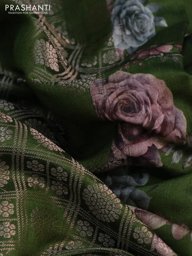 Banarasi silk saree green with allover zari woven brocade weaves and floral digital printed border