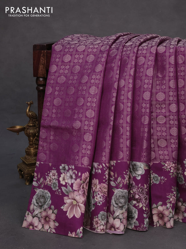 Banarasi silk saree wine shade with allover zari woven brocade weaves and floral digital printed border