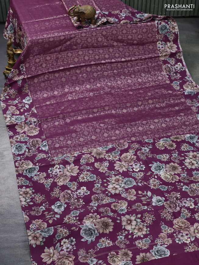 Banarasi silk saree wine shade with allover zari woven brocade weaves and floral digital printed border