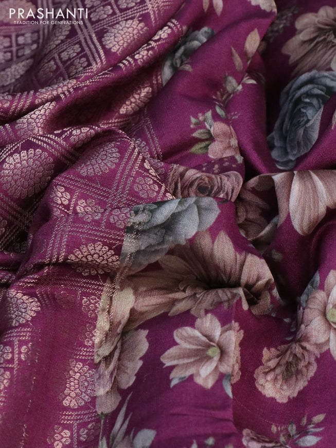 Banarasi silk saree wine shade with allover zari woven brocade weaves and floral digital printed border