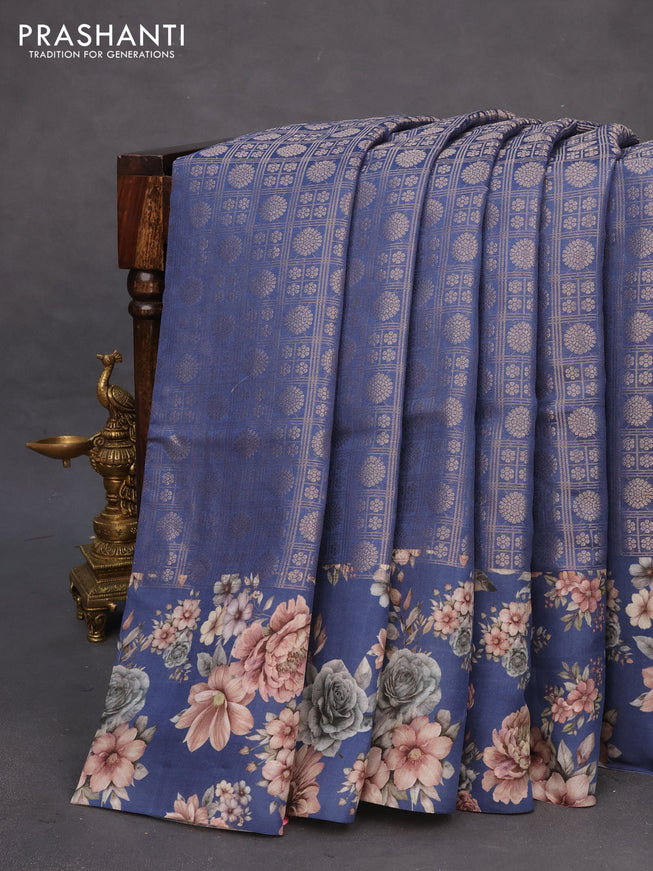 Banarasi silk saree navy blue with allover zari woven brocade weaves and floral digital printed border