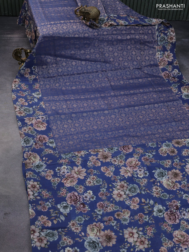 Banarasi silk saree navy blue with allover zari woven brocade weaves and floral digital printed border