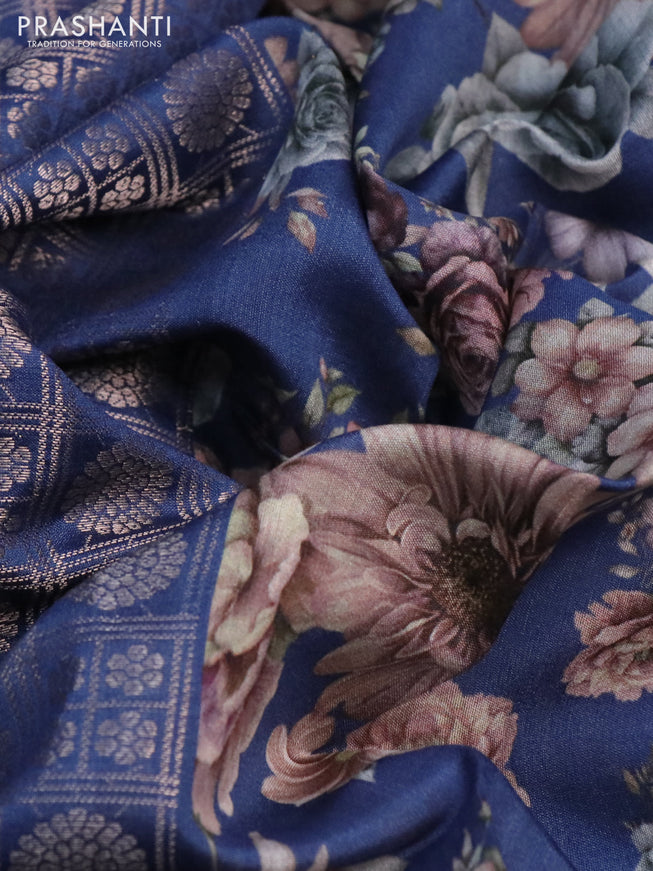 Banarasi silk saree navy blue with allover zari woven brocade weaves and floral digital printed border