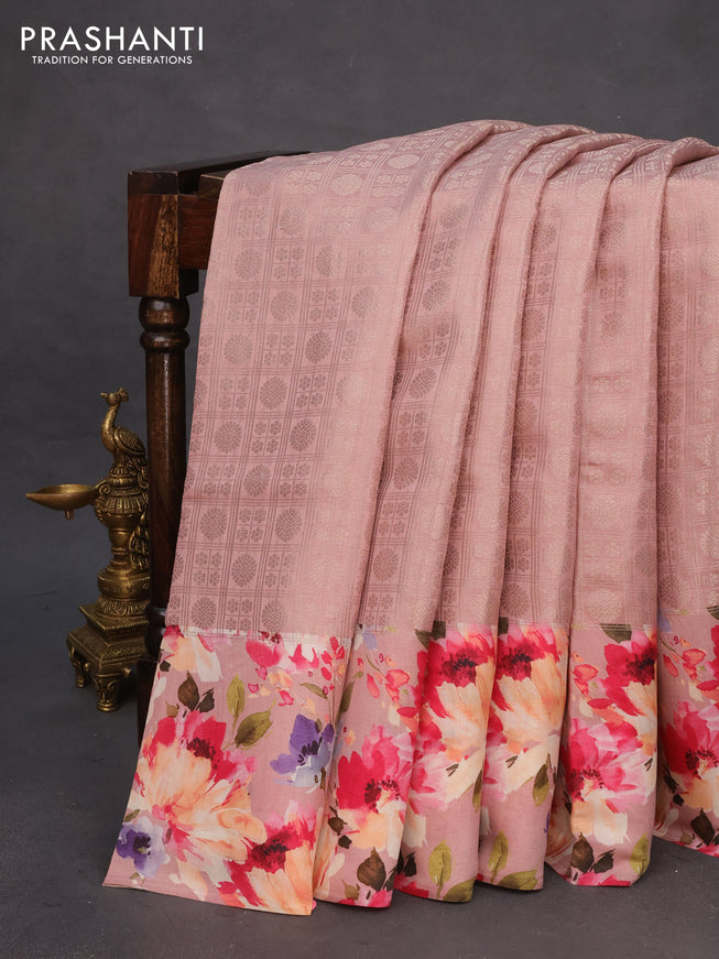 Banarasi silk saree pastel pink with allover zari woven brocade weaves and floral digital printed border