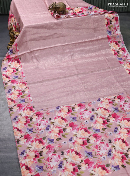 Banarasi silk saree pastel pink with allover zari woven brocade weaves and floral digital printed border