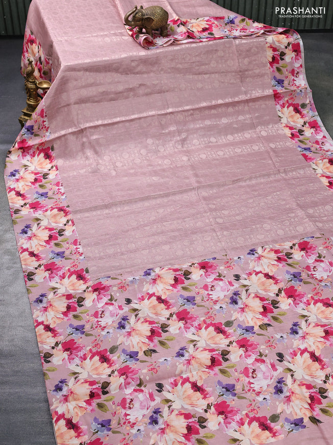 Banarasi silk saree pastel pink with allover zari woven brocade weaves and floral digital printed border