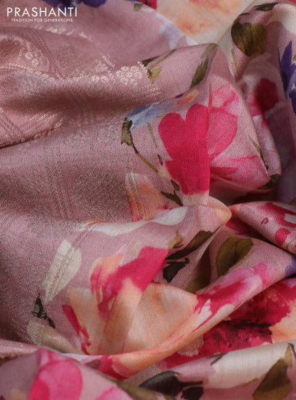 Banarasi silk saree pastel pink with allover zari woven brocade weaves and floral digital printed border