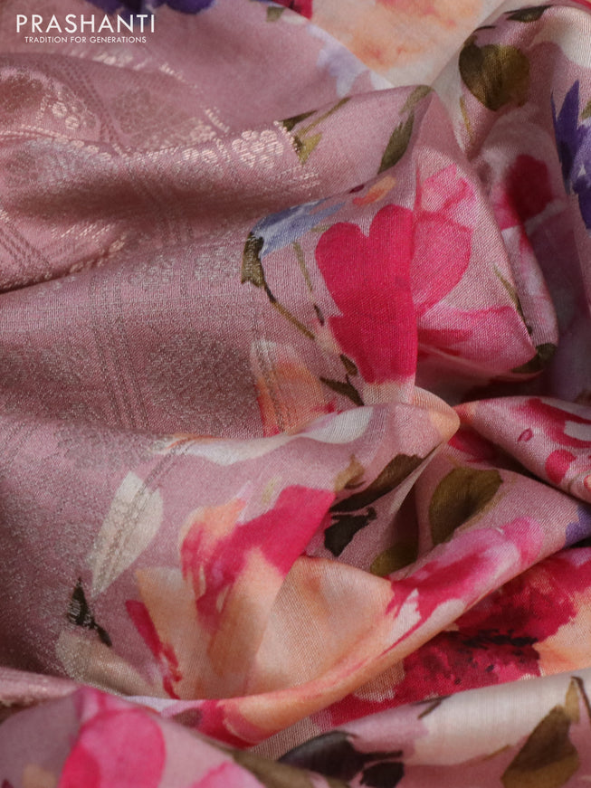 Banarasi silk saree pastel pink with allover zari woven brocade weaves and floral digital printed border