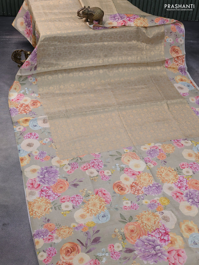 Banarasi silk saree elaichi green with allover zari woven brocade weaves and floral digital printed border