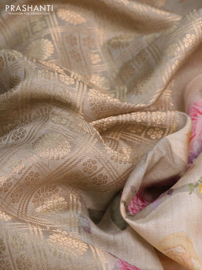 Banarasi silk saree elaichi green with allover zari woven brocade weaves and floral digital printed border