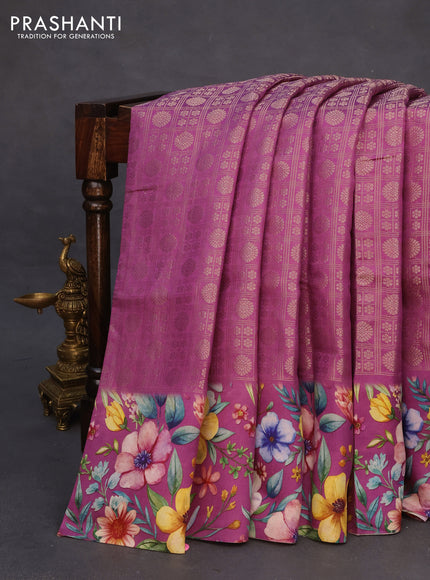 Banarasi silk saree magenta pink with allover zari woven brocade weaves and floral digital printed border
