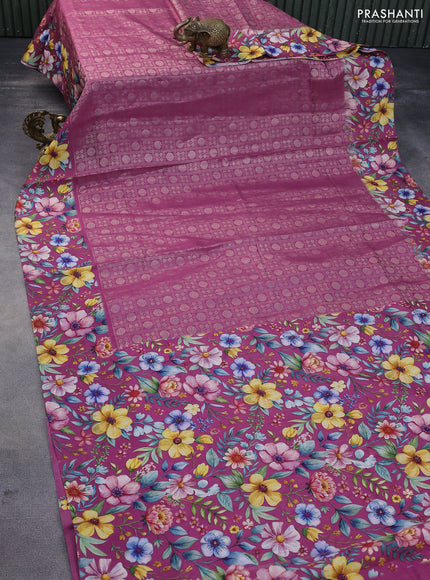 Banarasi silk saree magenta pink with allover zari woven brocade weaves and floral digital printed border