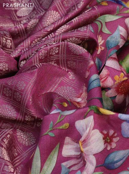 Banarasi silk saree magenta pink with allover zari woven brocade weaves and floral digital printed border