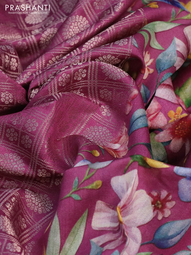 Banarasi silk saree magenta pink with allover zari woven brocade weaves and floral digital printed border