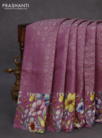 Banarasi silk saree purple shade with allover zari woven brocade weaves and floral digital printed border