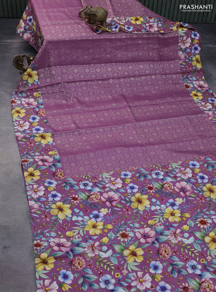 Banarasi silk saree purple shade with allover zari woven brocade weaves and floral digital printed border