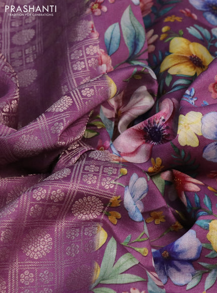 Banarasi silk saree purple shade with allover zari woven brocade weaves and floral digital printed border
