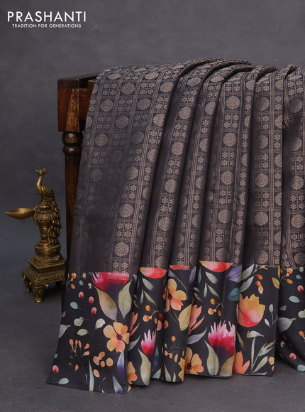 Banarasi silk saree black with allover zari woven brocade weaves and floral digital printed border