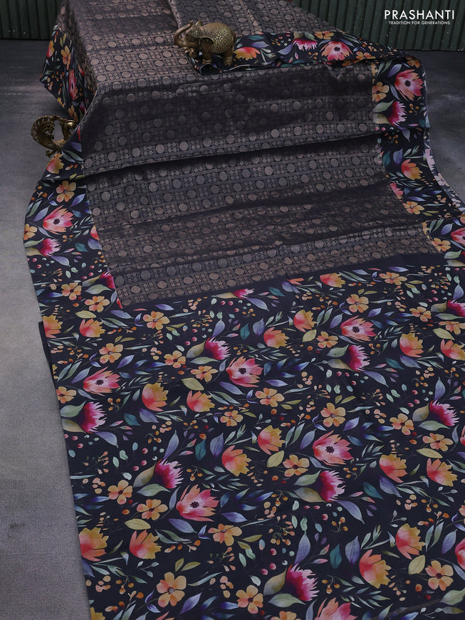 Banarasi silk saree black with allover zari woven brocade weaves and floral digital printed border