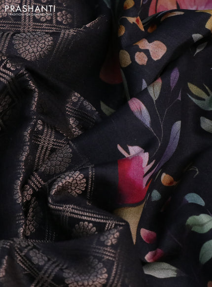 Banarasi silk saree black with allover zari woven brocade weaves and floral digital printed border