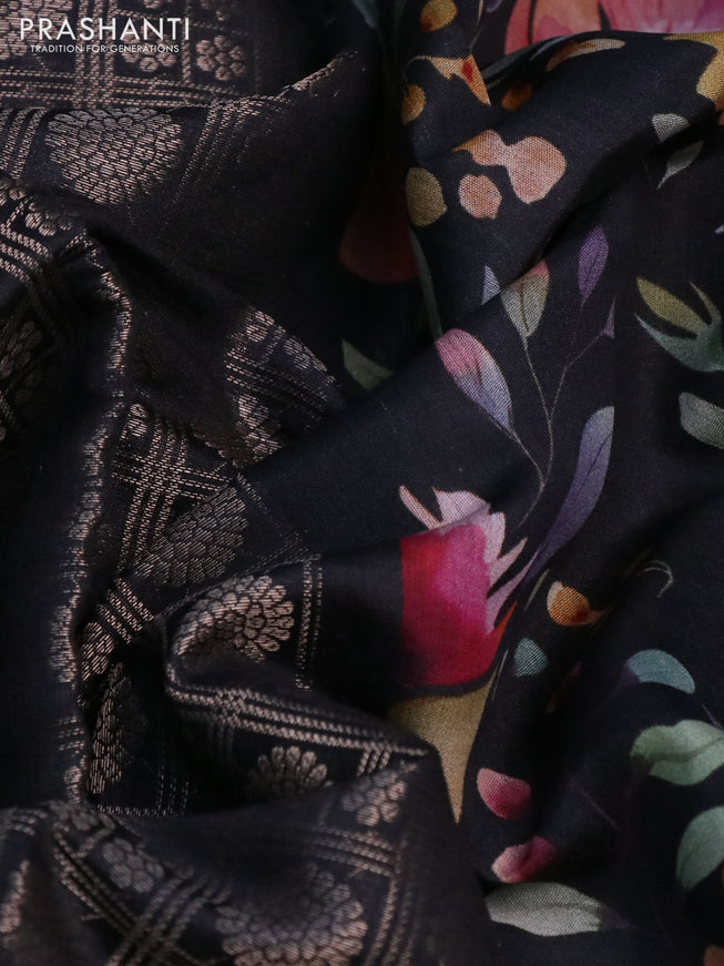 Banarasi silk saree black with allover zari woven brocade weaves and floral digital printed border