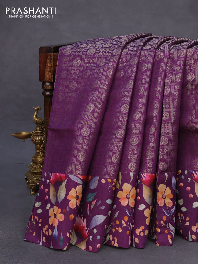 Banarasi silk saree deep violet with allover zari woven brocade weaves and floral digital printed border