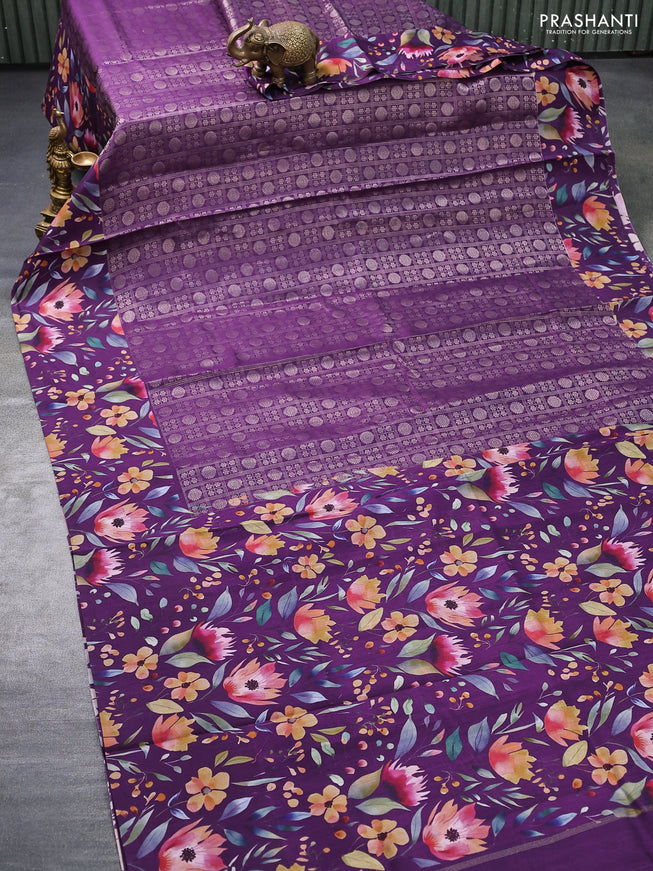 Banarasi silk saree deep violet with allover zari woven brocade weaves and floral digital printed border