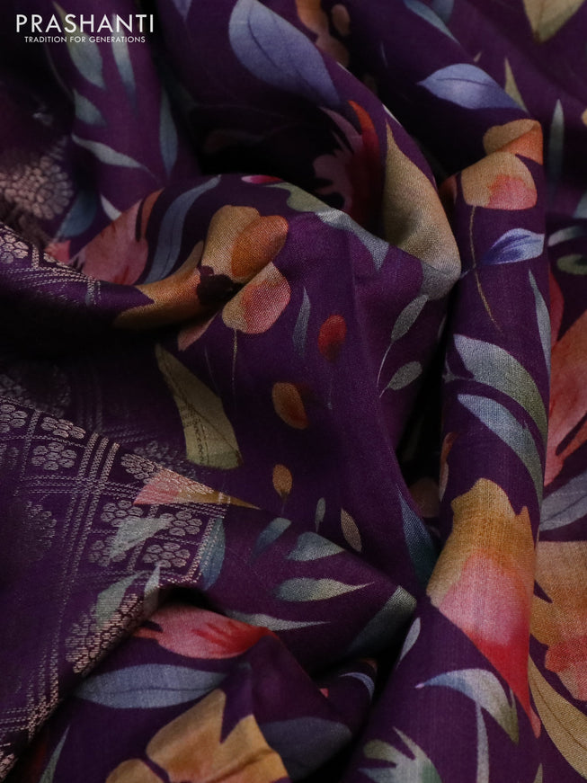 Banarasi silk saree deep violet with allover zari woven brocade weaves and floral digital printed border